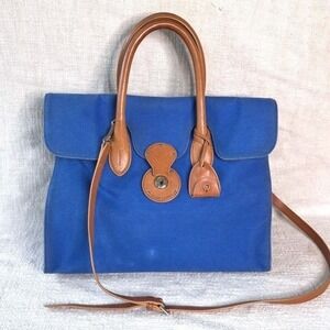 Ralph Lauren Ricky Bag Blue Canvas Tan Leather Tote Satchel Italy Dust Bag $1200